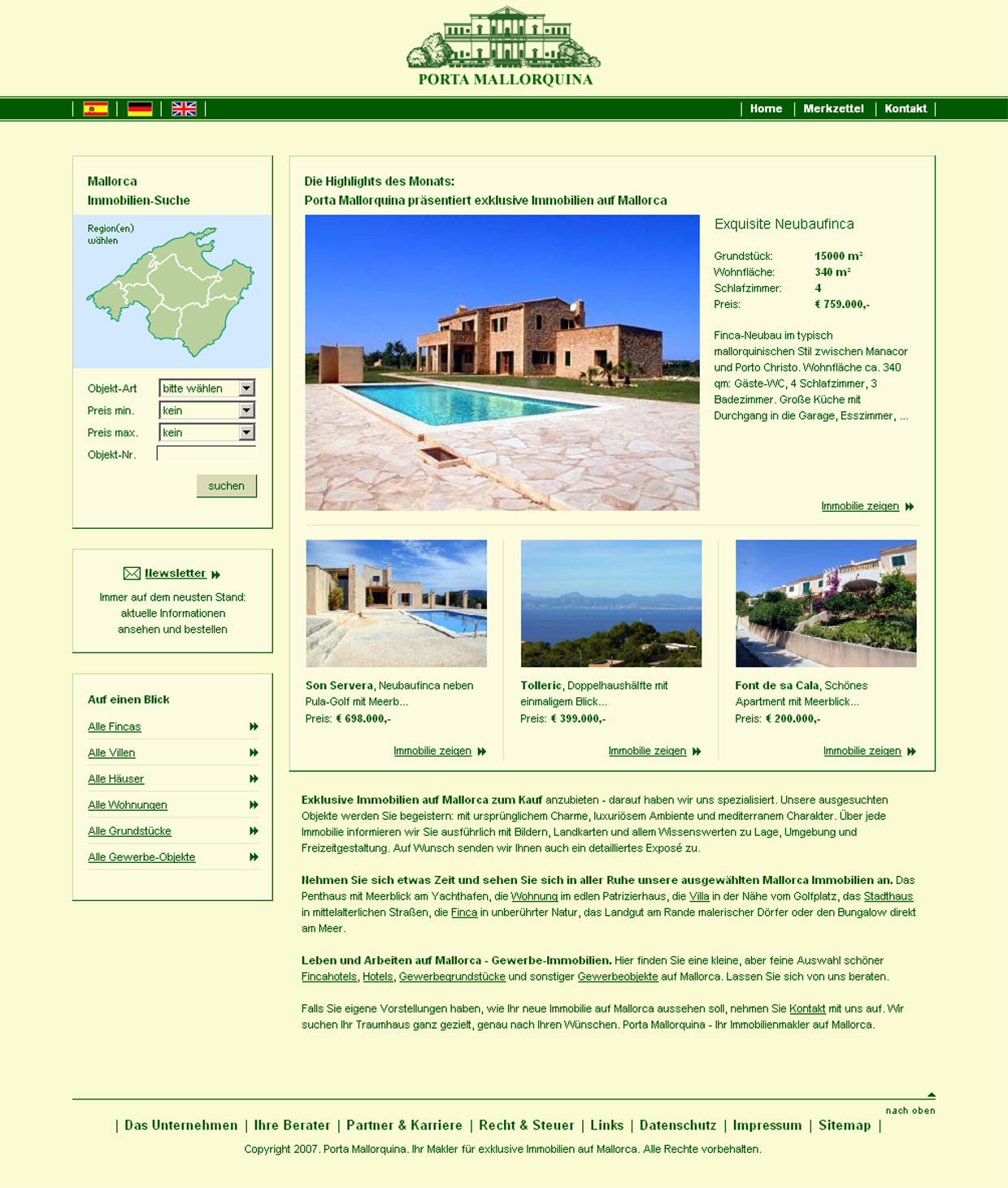Die Porta Mallorquina Website vor 10 Jahren.